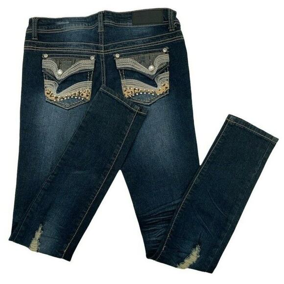 Twentyone Black By Rue Jeans Teens Size 3/4 Skinny Distressed Whiskers Denim - Picture 3 of 12